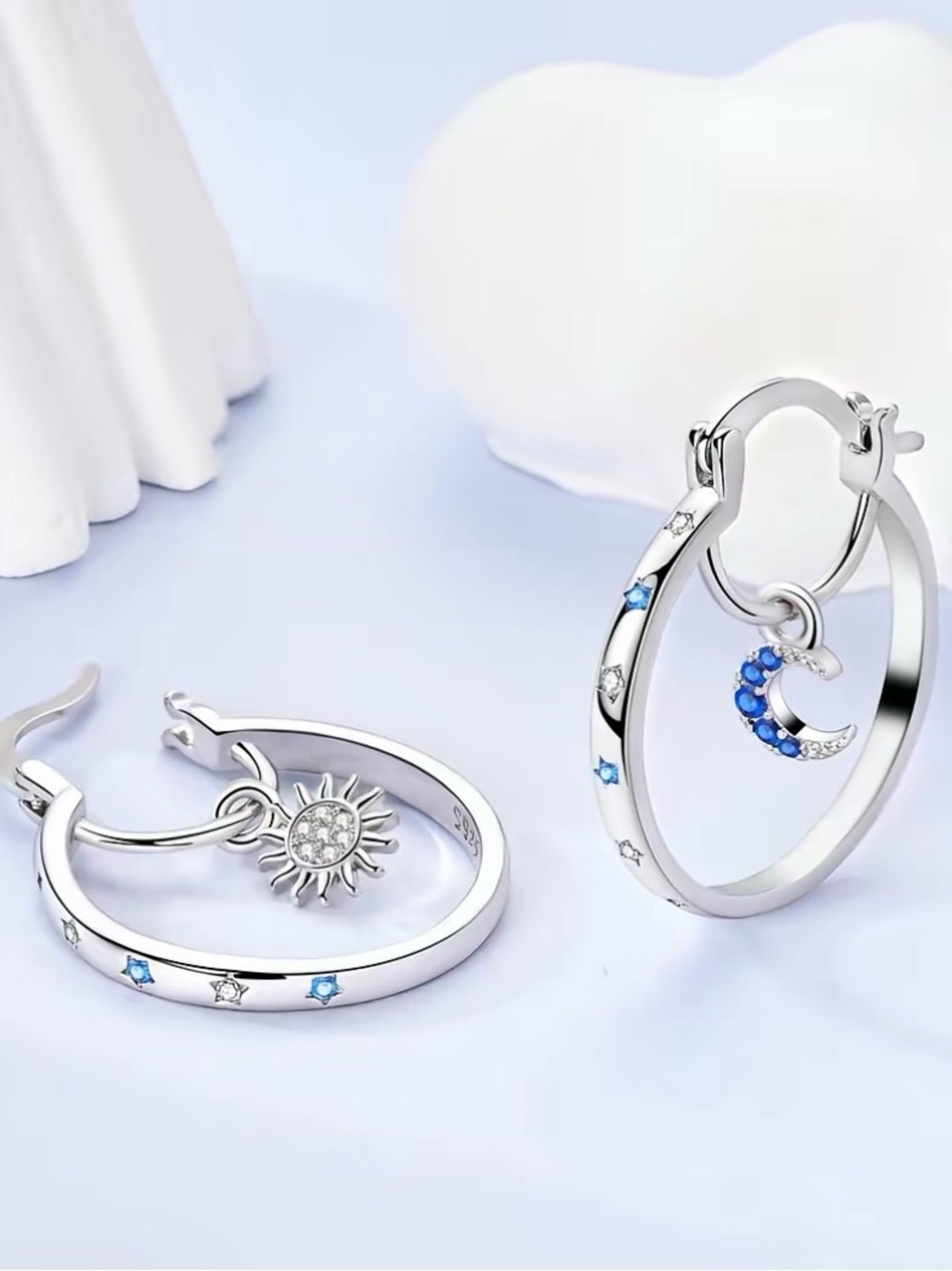 Silver Hoop Earrings with Blue Moon & Sun Charms